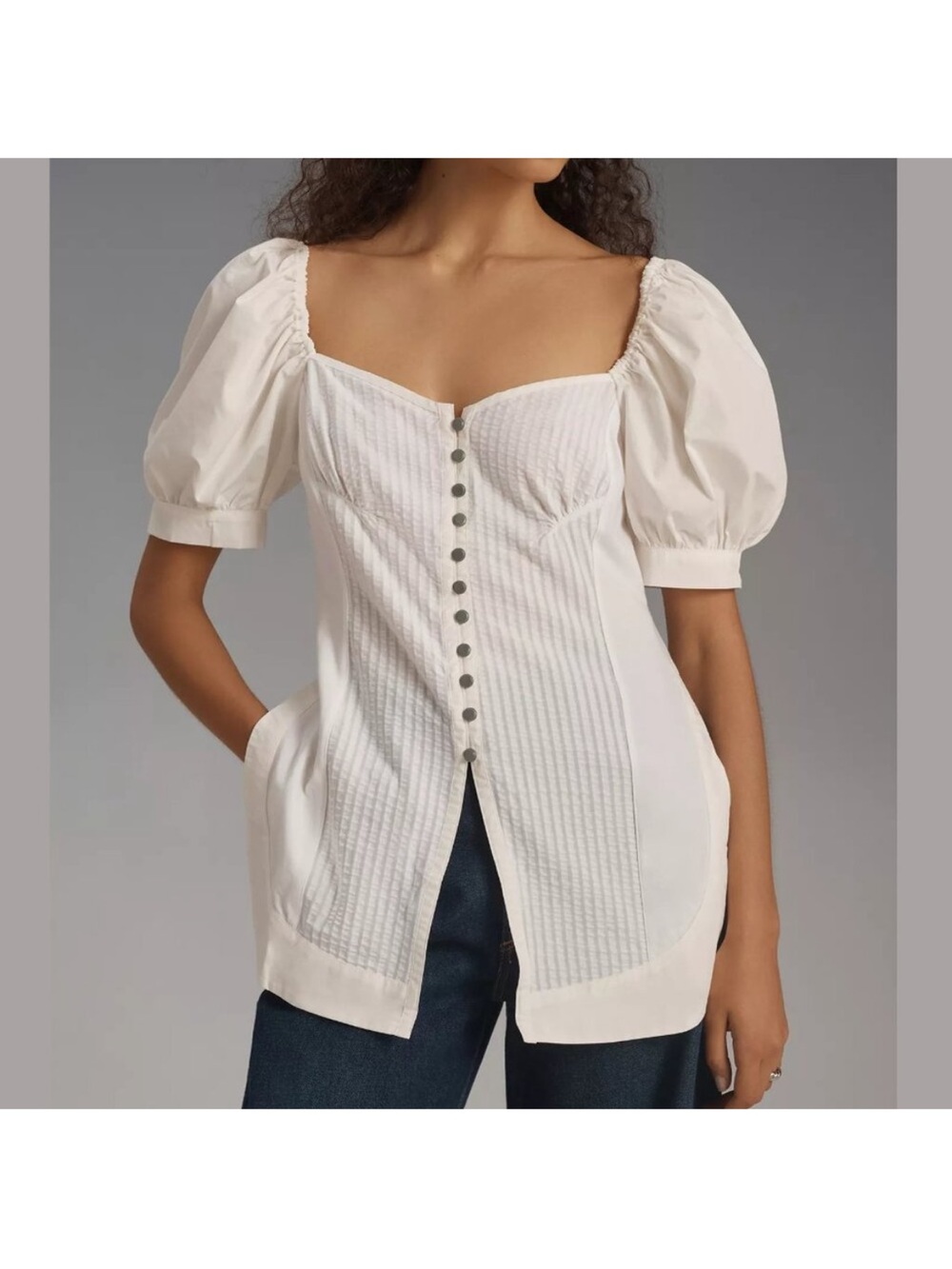 Anthropologie White Maeve Puff-Sleeve Sweetheart Top Size S